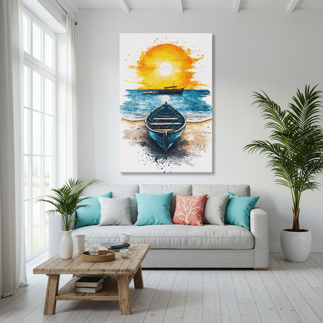Framed Wall Art: Watercolor boat on beach. Coastal decor with blue, yellow, and gold tones. Perfect for living room or bedroom.