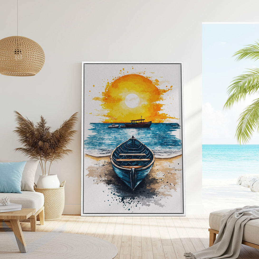 Framed Wall Art: Watercolor boat scene with sunset. Coastal art in blue, orange, and neutral tones. Perfect for beach house decor.