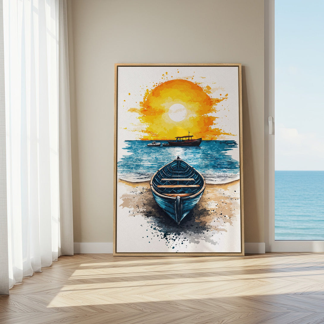 Framed Wall Art: Watercolor boat on beach at sunset. Coastal art with blue, orange, and neutral tones, perfect for adding serene vibes to your home.