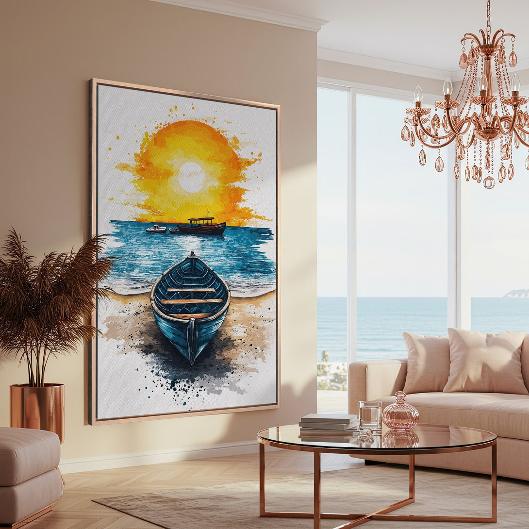 Framed Wall Art: Watercolor boat scene in warm tones. Coastal art for your home.  Adds a touch of serenity and style to any room.