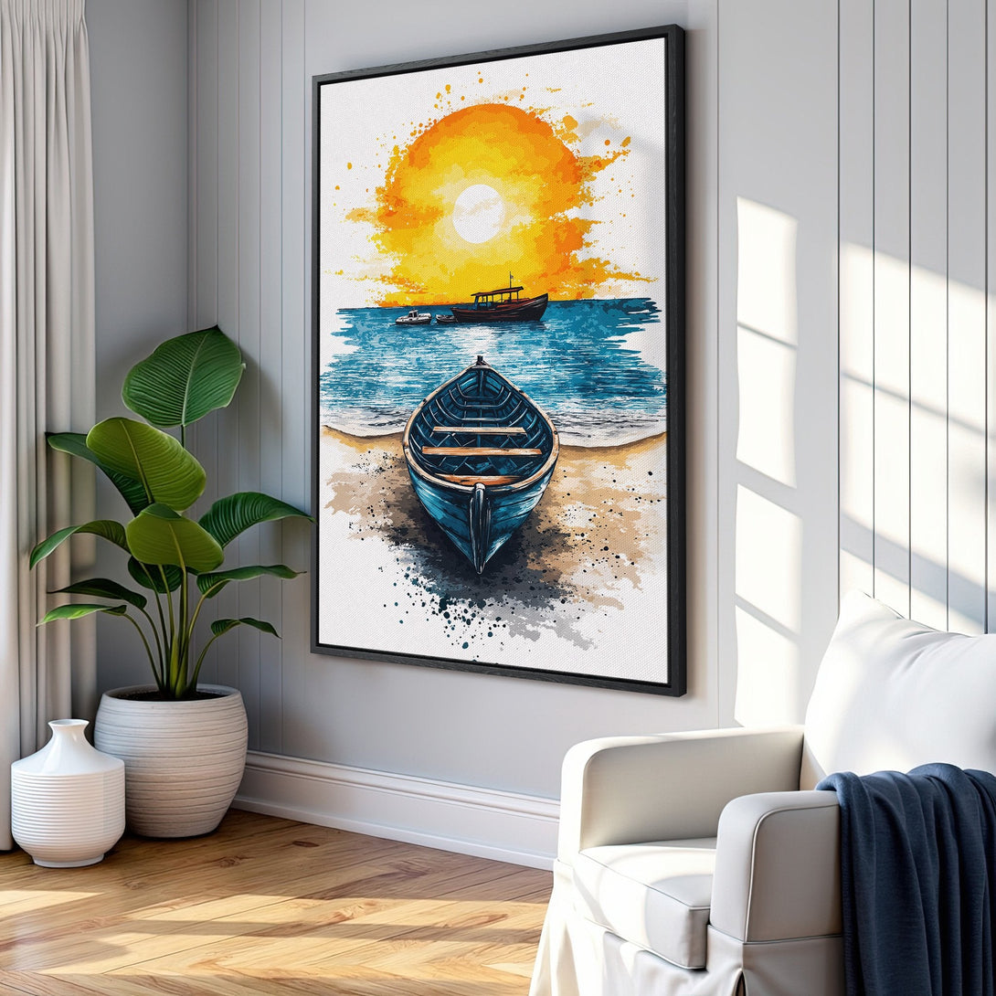 Framed Wall Art featuring a watercolor boat scene with warm sunset hues. Coastal art print in blue, orange, and yellow, perfect for adding a touch of serenity.