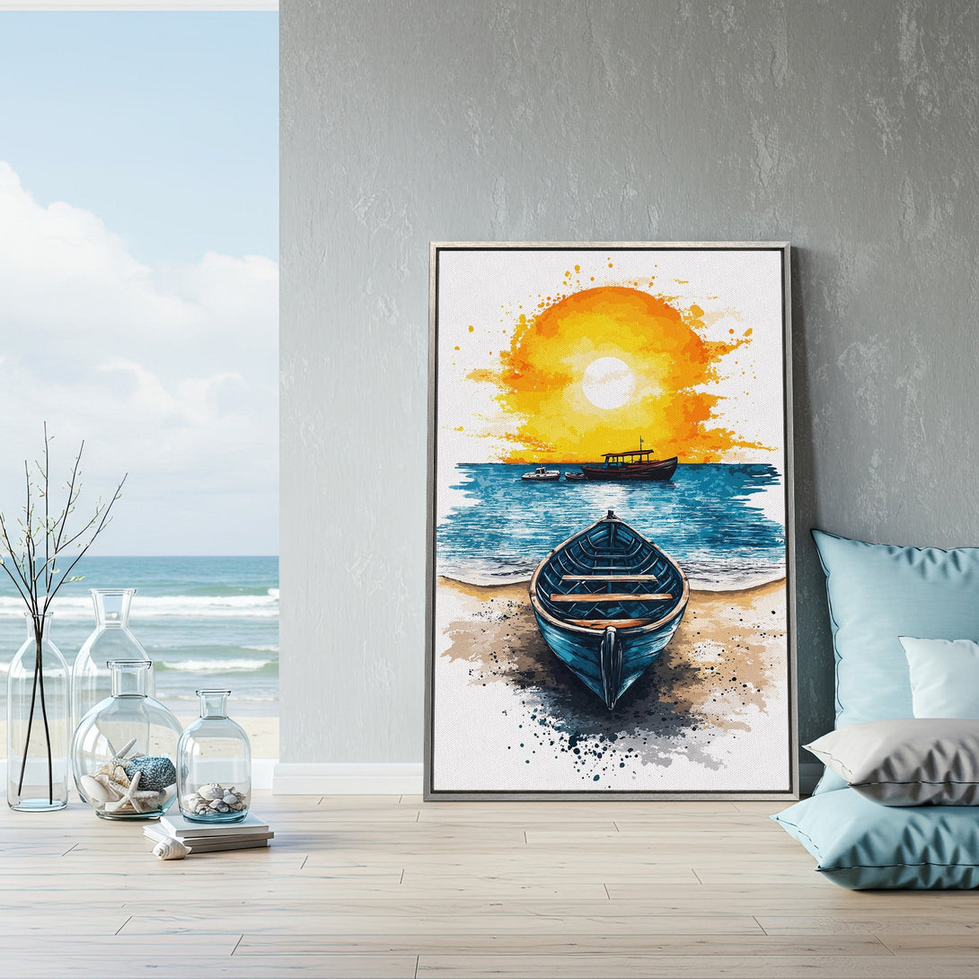 Framed Wall Art: Coastal boat scene in watercolor style with sunset. Blue, orange, and white color palette. Perfect for beach house decor.