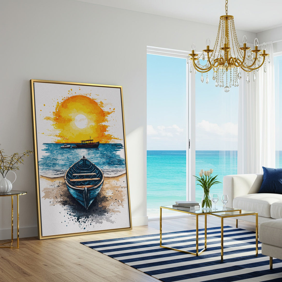 Canvas Print of a boat on the beach at sunset. Watercolor style art with a warm orange, blue, and beige color palette. Perfect for coastal decor.