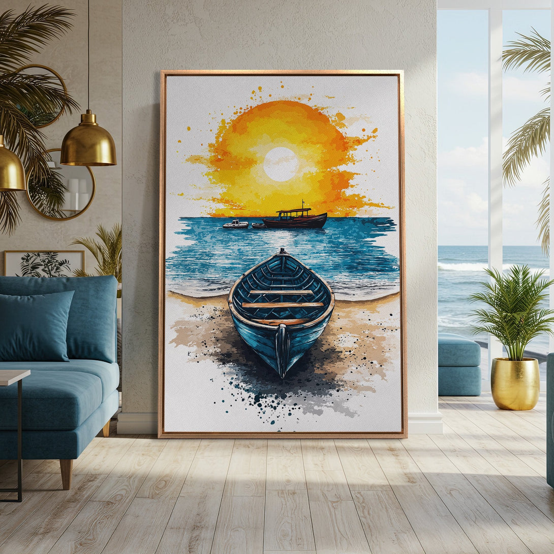 Framed Wall Art: Watercolor boat on beach with sunset. Coastal decor in blue, orange, and gold. Perfect for living room or bedroom. Bring the beach home!