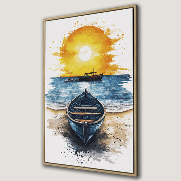 Framed Wall Art: Watercolor boat scene with sunset. Coastal art in blue, orange, and yellow hues. Perfect for adding a touch of serenity to your home decor.