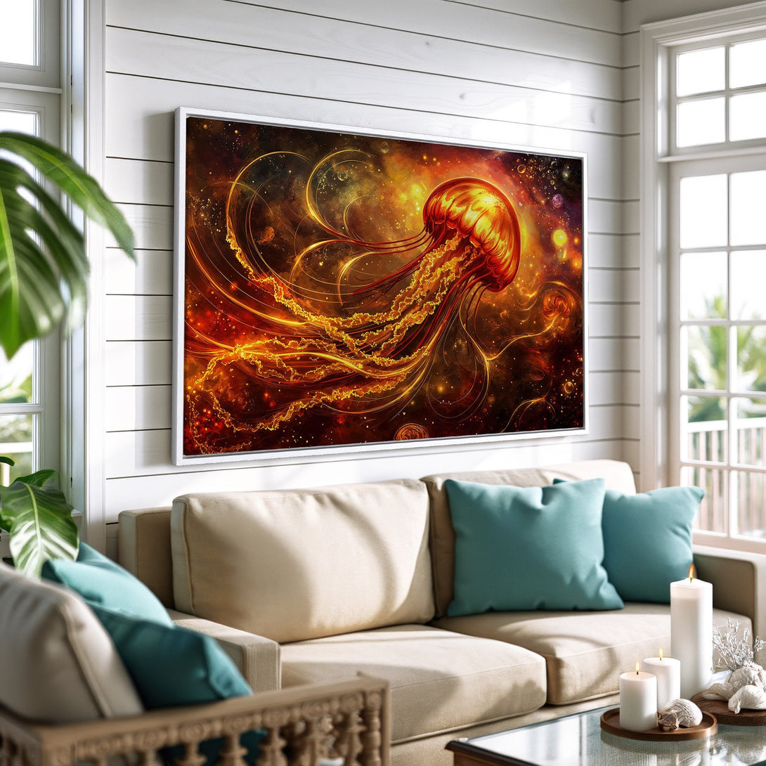 Framed Wall Art: Stunning jellyfish art in fiery orange and gold hues. Modern abstract style, perfect for adding a splash of color to your living room.