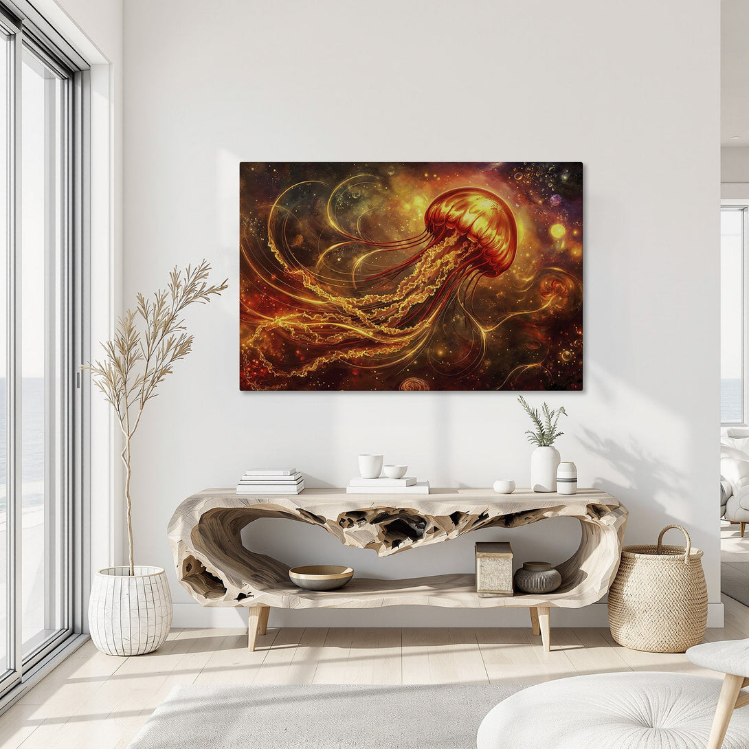 Framed Wall Art: Stunning abstract jellyfish art in warm red and gold tones. Perfect for modern decor. Enhance your space with this captivating Canvas Print!