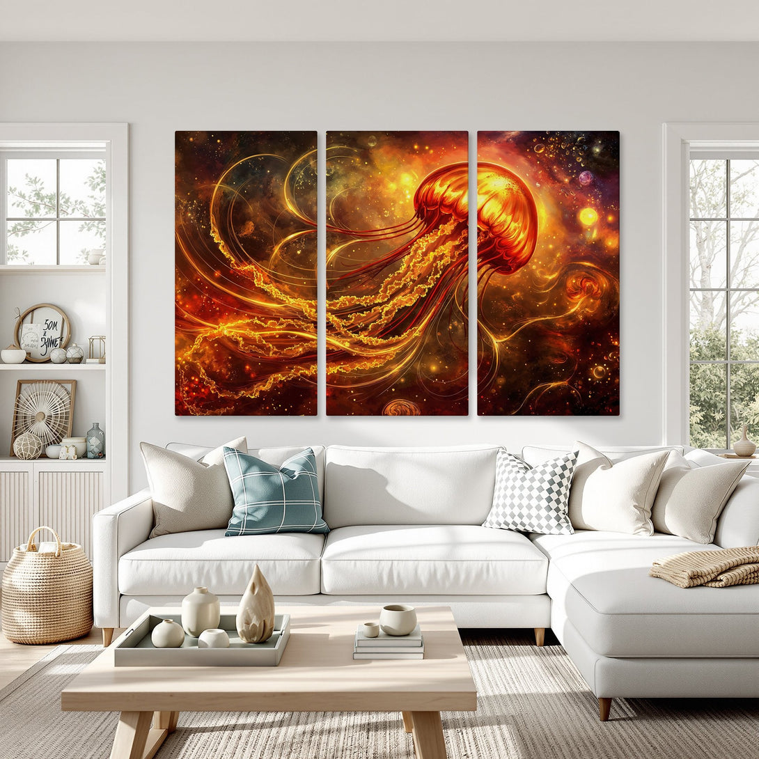 Abstract Canvas Print of a glowing jellyfish in warm orange and gold tones, perfect for modern home decor.