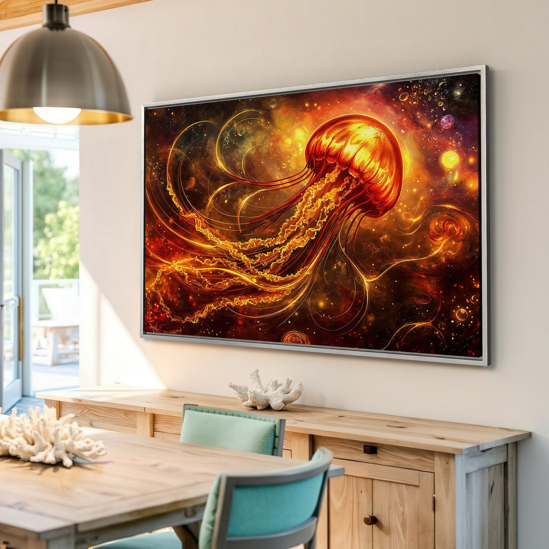 Framed Wall Art: Stunning jellyfish art in warm orange and red tones. Add cosmic energy to your space with this vibrant Canvas Print.