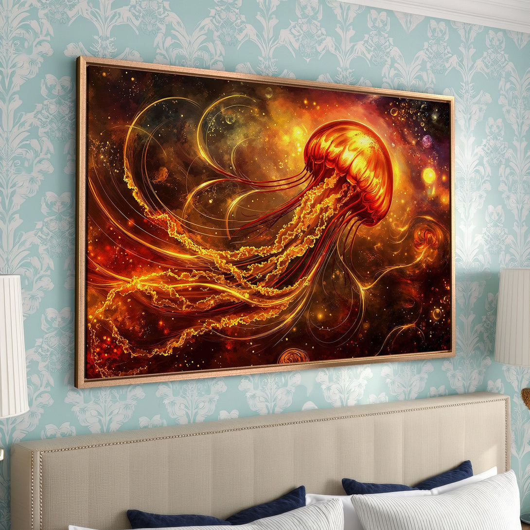 Framed Wall Art: Stunning cosmic jellyfish in warm orange and gold tones. Modern abstract art for a vibrant home decor upgrade.