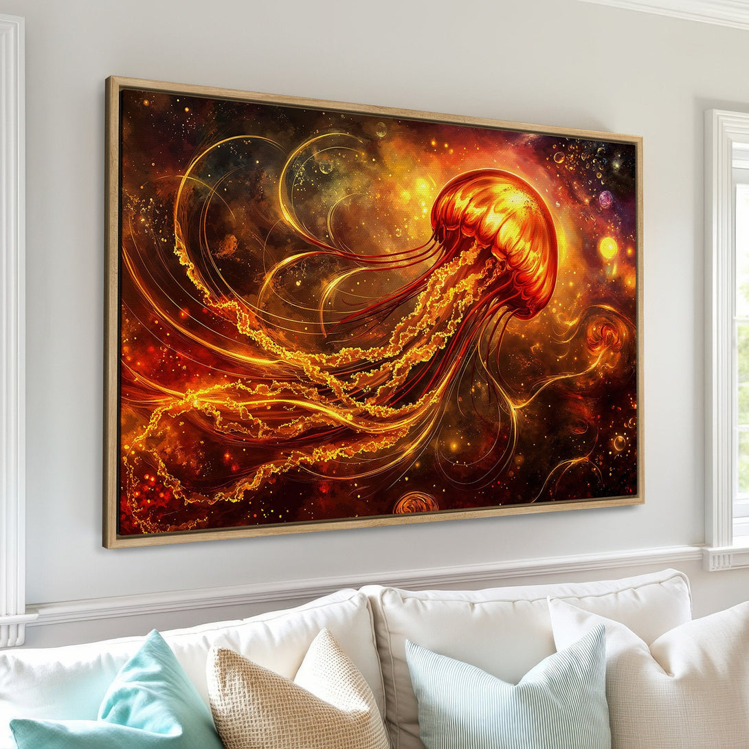 Framed Wall Art featuring a vibrant, stylized jellyfish in fiery orange and gold hues. Perfect for adding a touch of cosmic wonder to your home decor.