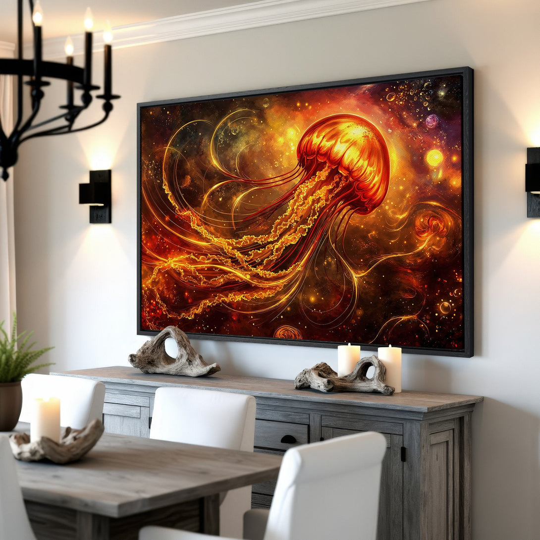 Framed Wall Art: Stunning cosmic jellyfish canvas print in warm orange and gold tones. Perfect statement piece for any room!