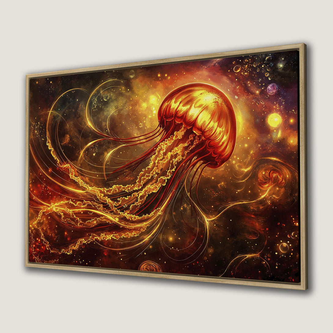Framed Wall Art featuring a vibrant, cosmic jellyfish in warm orange and gold tones. Perfect for adding a touch of fantasy to your space!