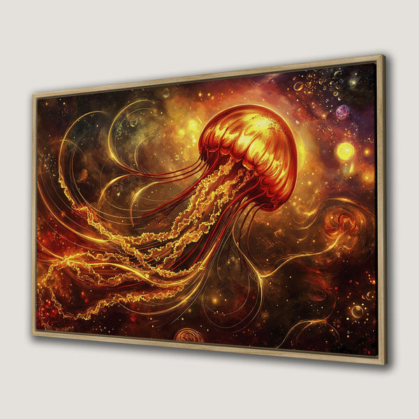 Framed Wall Art featuring a vibrant, cosmic jellyfish in warm orange and gold tones. Perfect for adding a touch of fantasy to your space!