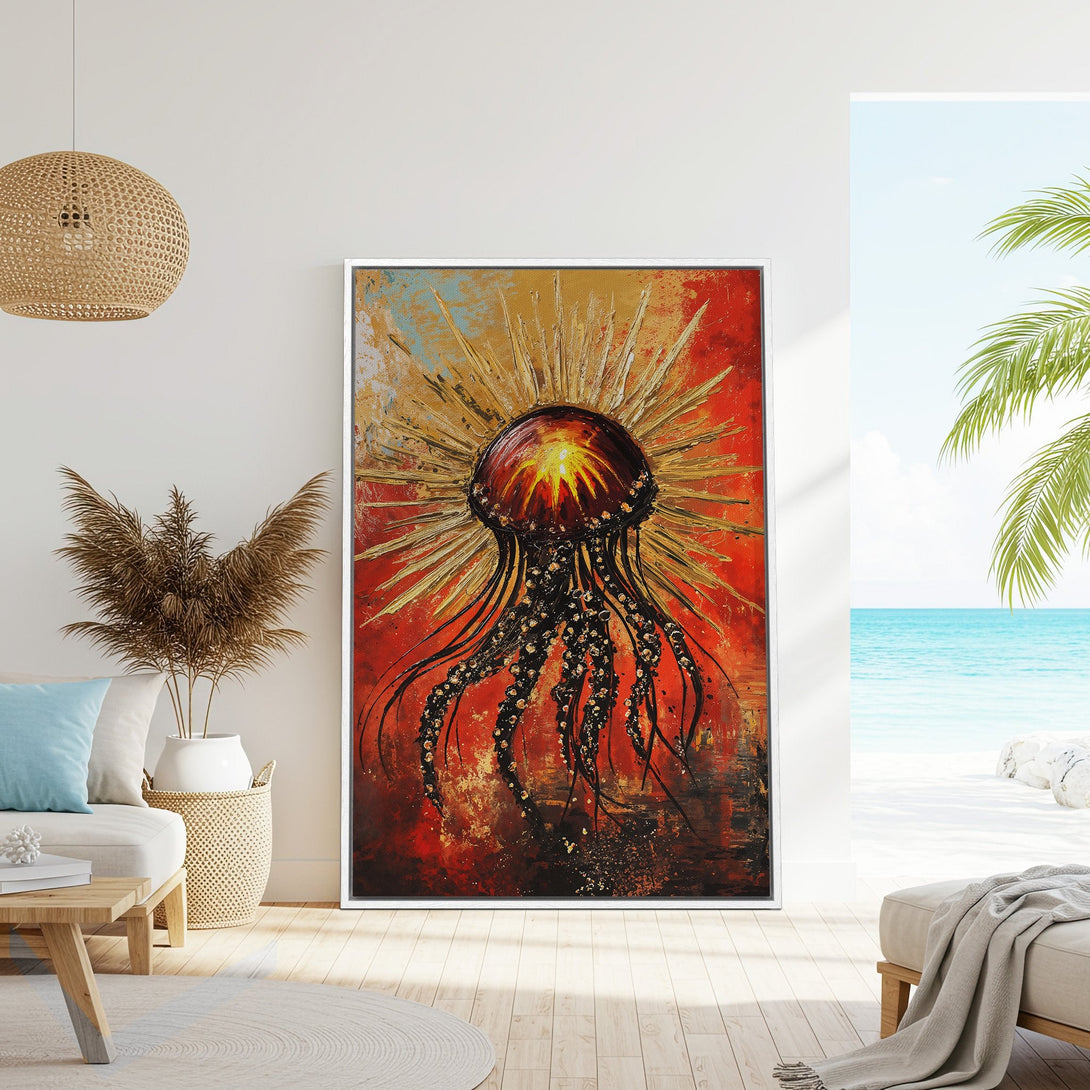 Framed Wall Art: Abstract jellyfish painting in red, gold, and black. Modern art canvas print adds a bold statement to any space.