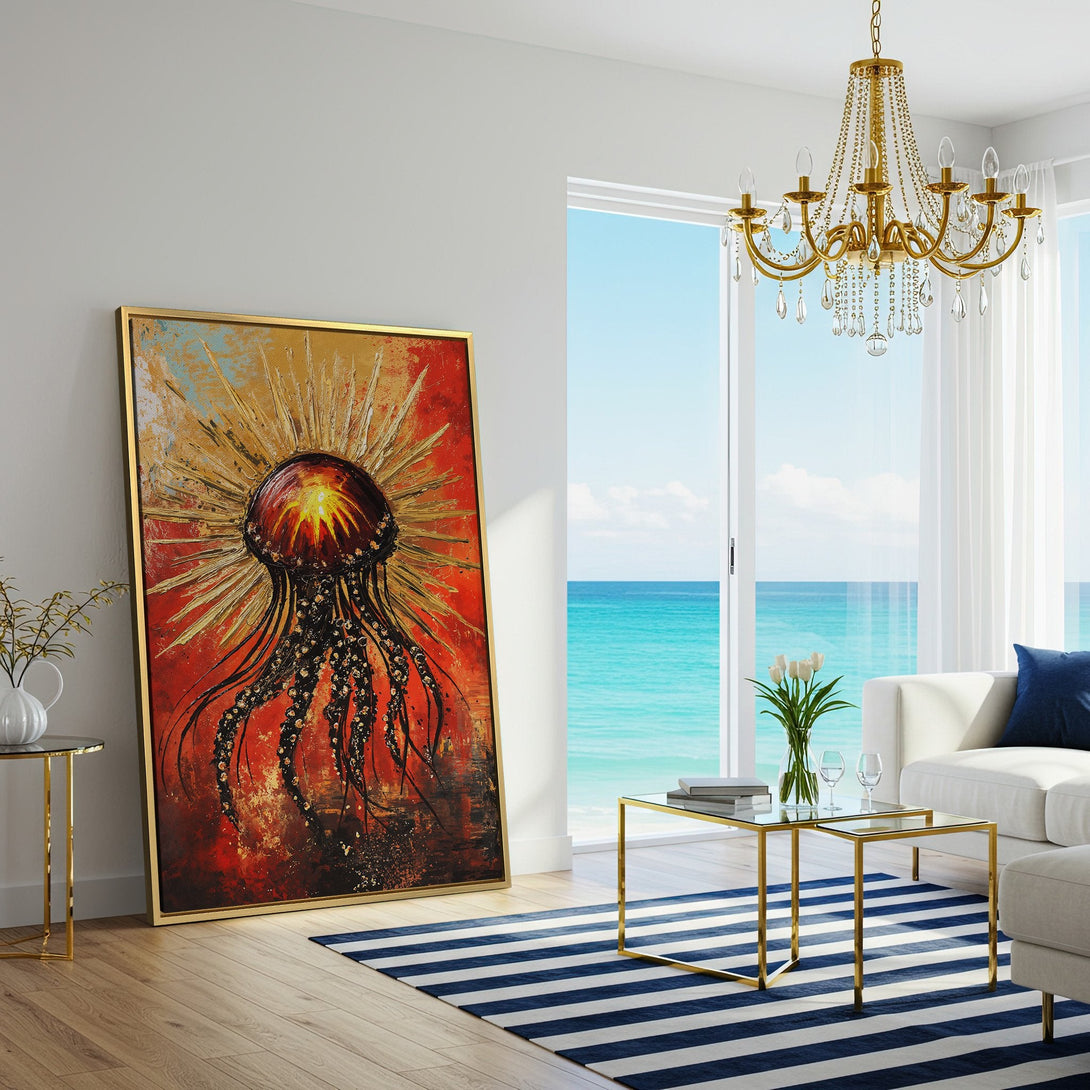 Canvas Print of abstract jellyfish art in warm red, gold, and black tones, adding a bold statement to any room.