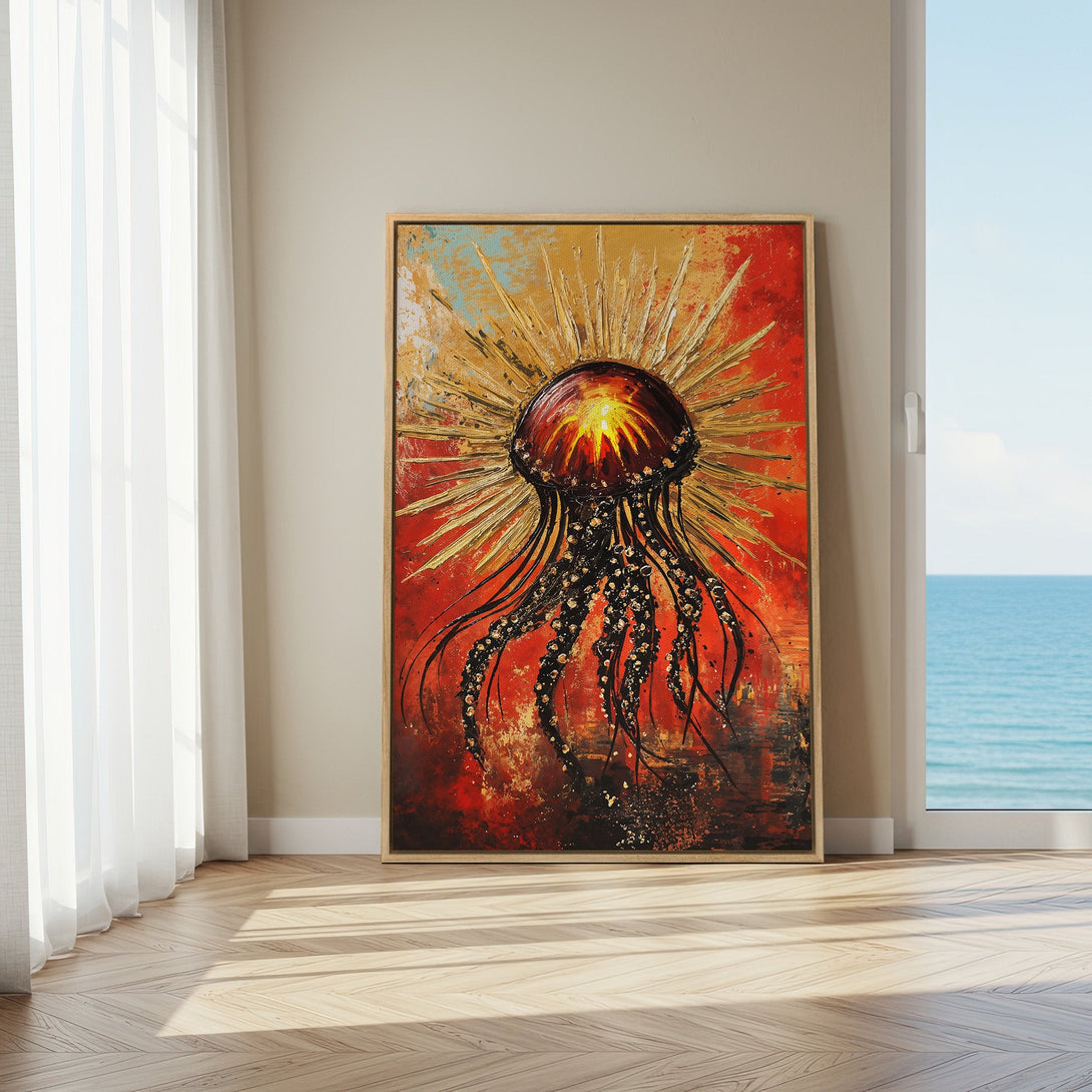 Framed Wall Art: Abstract jellyfish canvas print in warm red and gold tones, perfect for modern home decor.
