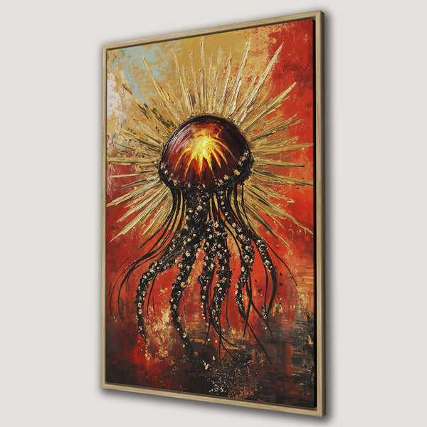 Framed Wall Art: Abstract jellyfish painting in red, gold, and black. Add a touch of modern art to your home decor.