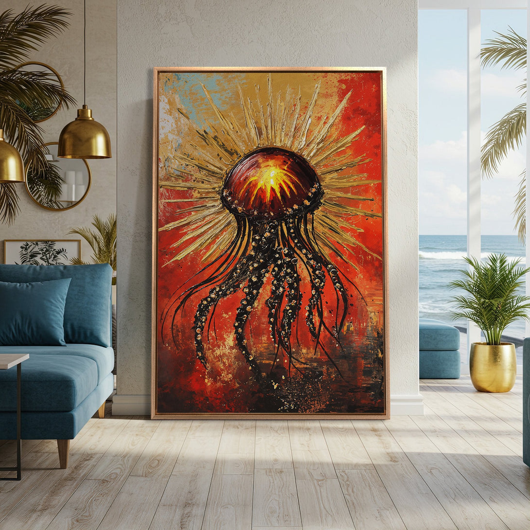 Framed Wall Art: Abstract jellyfish painting in red, gold, and black. Dramatic art piece for modern home decor. Rich color palette to elevate any space.