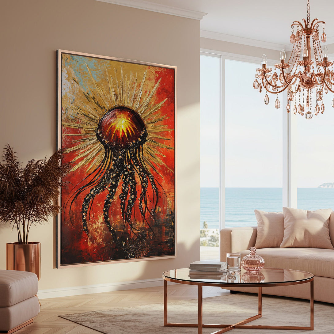 Framed Wall Art: Abstract jellyfish painting in a modern interior. Bold red, gold, and black color palette. Elevate your space with unique art!