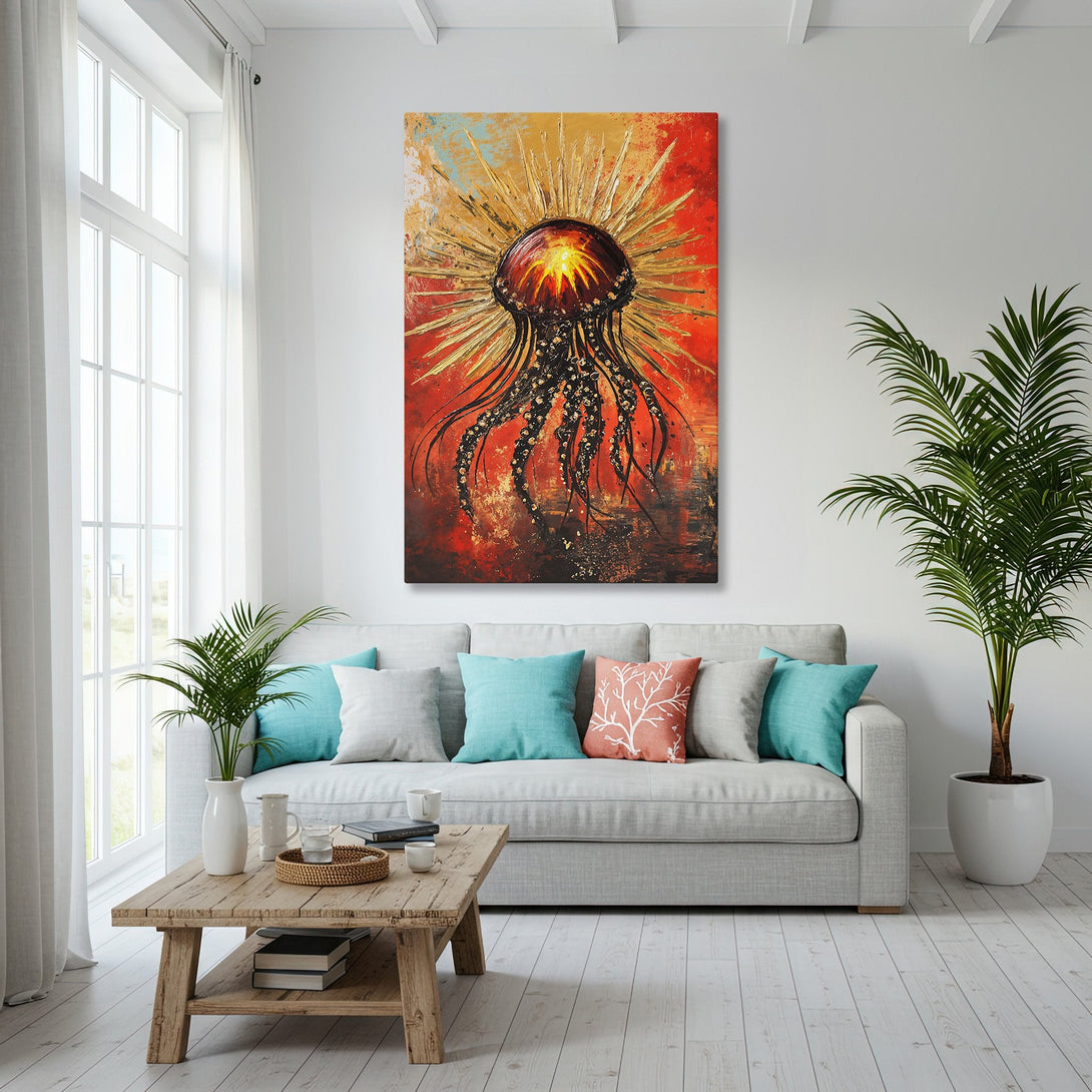 Framed Wall Art: Abstract jellyfish painting in a modern living room. Red, gold, and black color palette. Coastal decor inspiration.