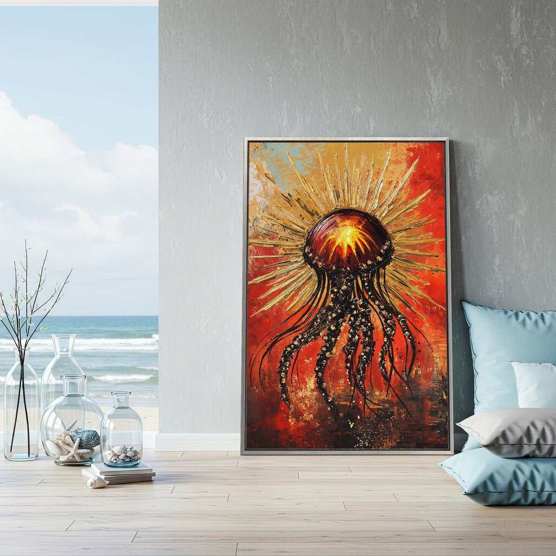 Framed Wall Art featuring an abstract jellyfish in red, gold, and black. Modern, textured canvas print adds a pop of color to any space.