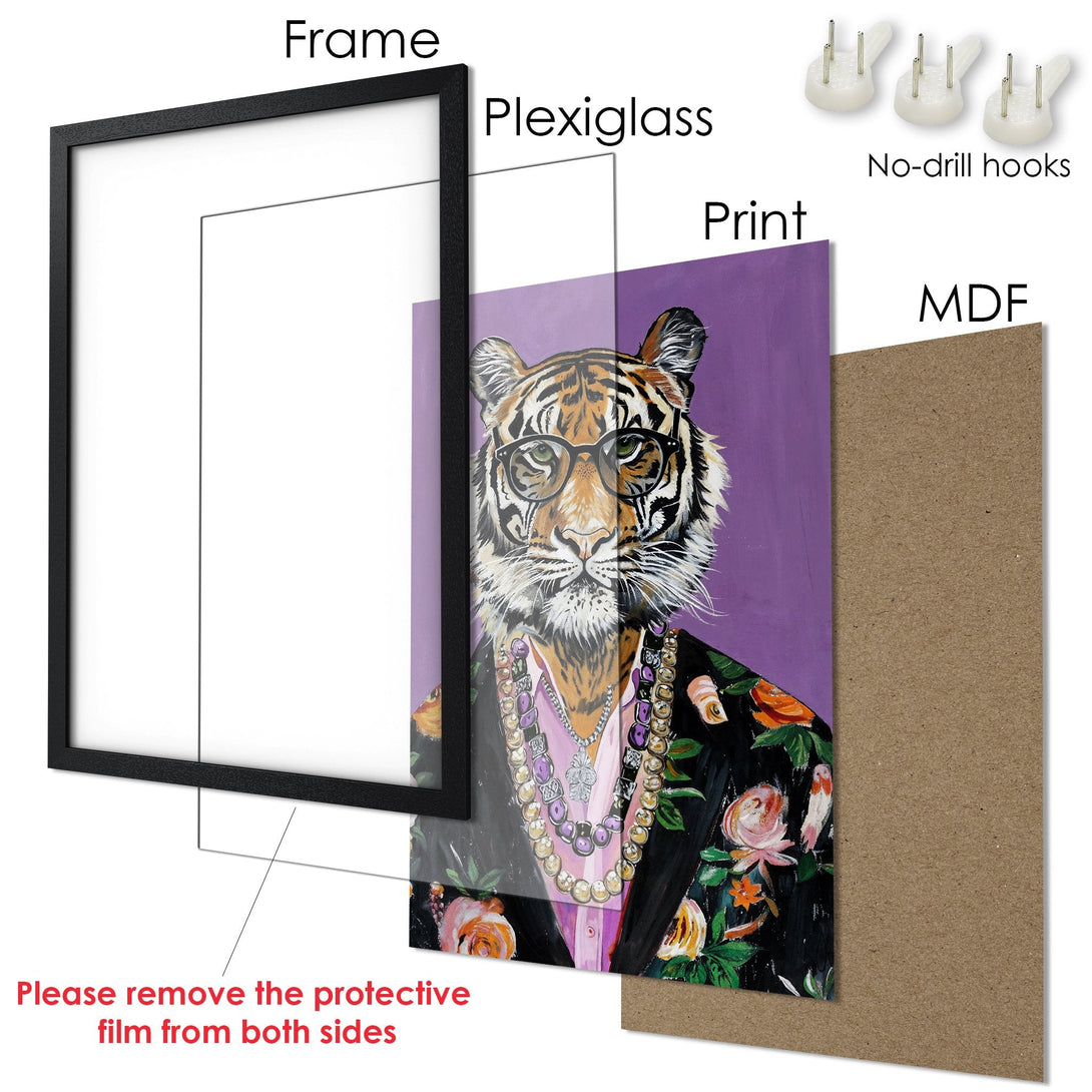 Framed Poster featuring a stylish tiger in a black frame. Art print with a purple background and a colorful palette.