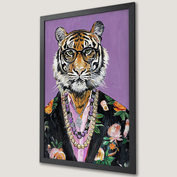 Framed Poster featuring a stylish tiger wearing glasses and jewelry, in a vibrant, painterly style with a purple, black, and floral color palette.