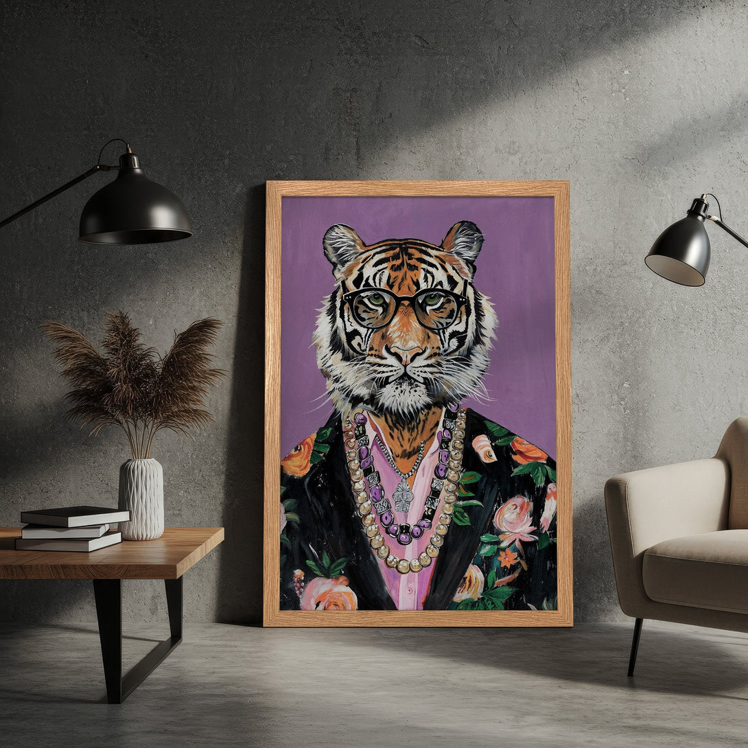 Framed Poster: Dapper tiger portrait art in a modern style, featuring a colorful floral jacket and purple background. Perfect for home decor!