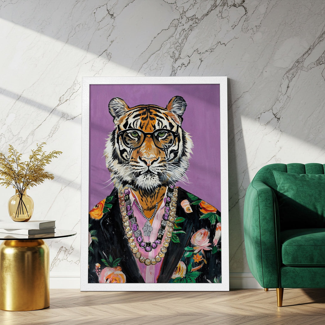 Framed Poster of a stylish tiger in a floral jacket, vibrant colors on a purple background. Modern art decor.
