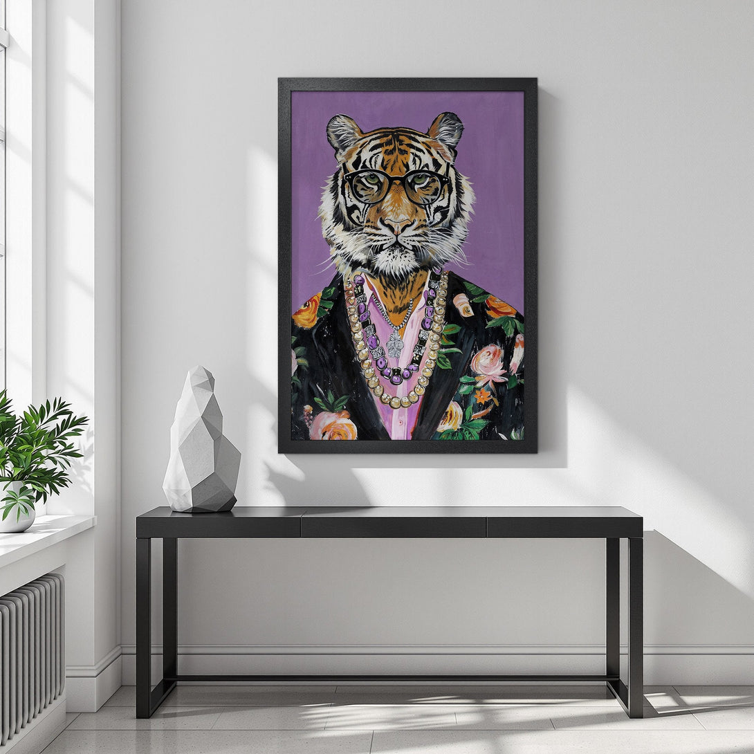 Framed Poster featuring a stylish tiger in a floral jacket, with a purple background. Bold & colorful art for your home!