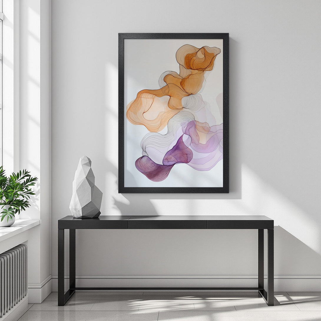 Framed Poster featuring abstract art with warm orange and purple tones. Modern style wall art for home decor.