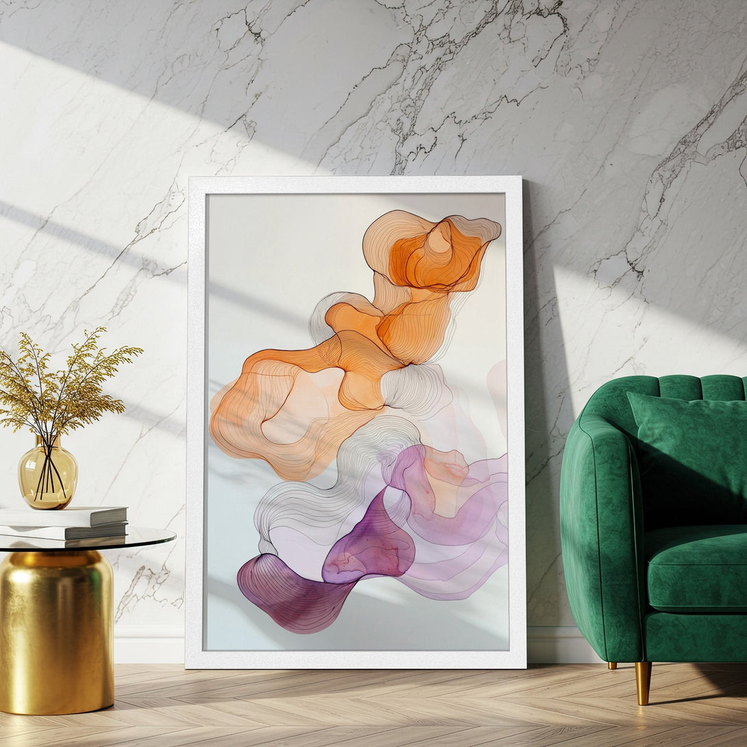 Framed Poster featuring abstract art in orange and purple hues. Modern style for your home decor.
