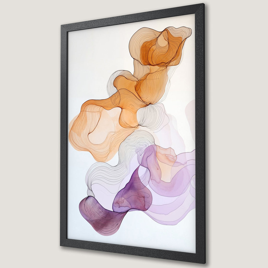 Framed Poster featuring abstract art with flowing shapes in orange, purple, and gray tones. Modern art for your home decor.