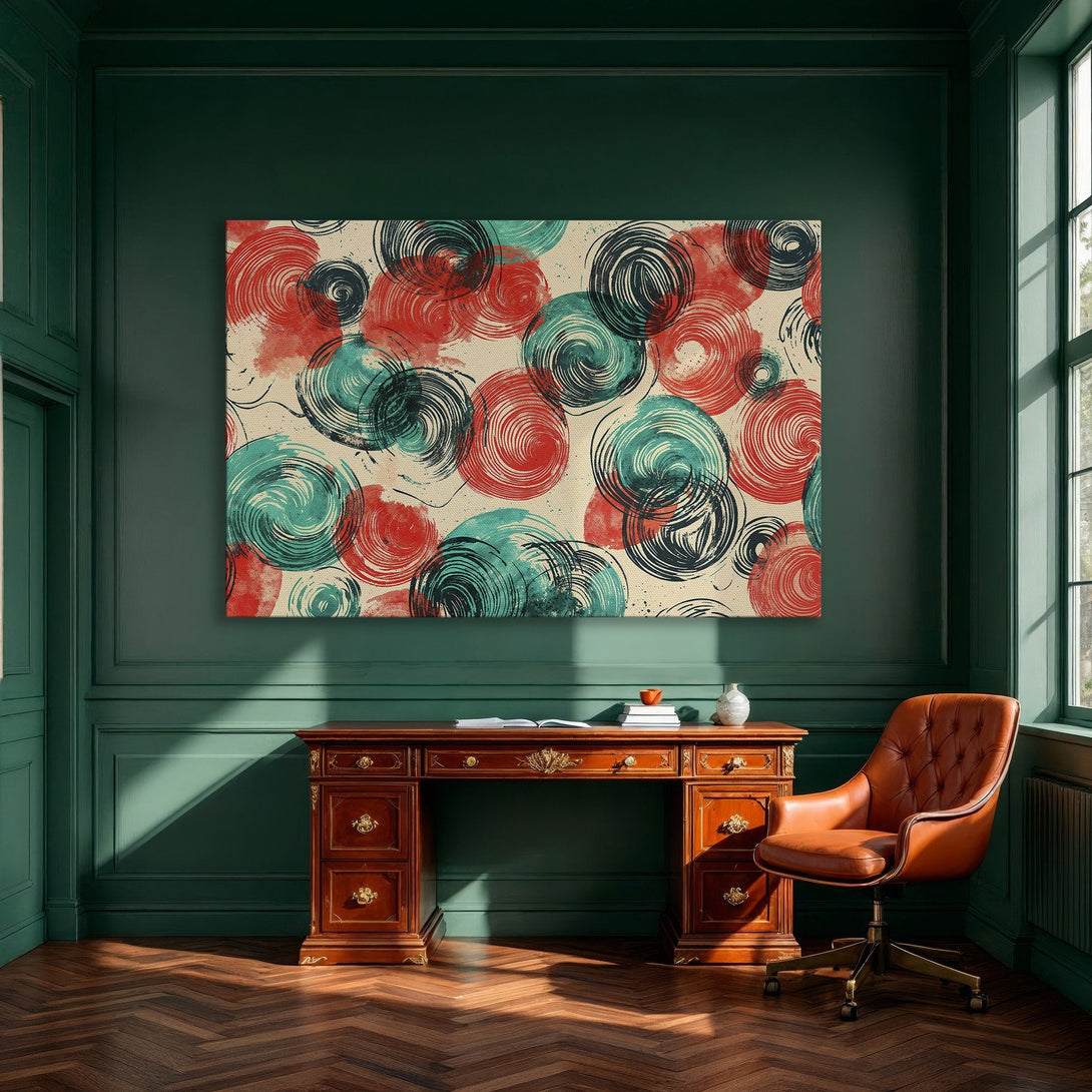 Framed Wall Art: Abstract spiral design in red, teal, and black. Modern Canvas Print adds vibrant color to dining room decor.