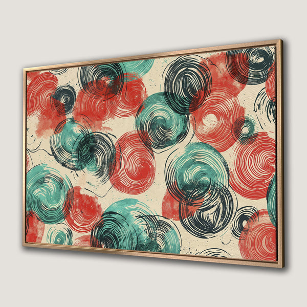 Framed Wall Art featuring an abstract spiral design in red, teal, and black on a neutral background. Modern art for your home!