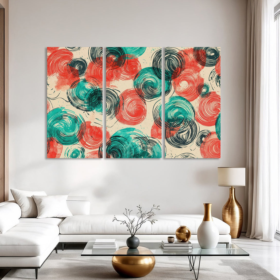 Abstract Canvas Print art with red, teal, and black swirling designs. Modern wall decor for living room.