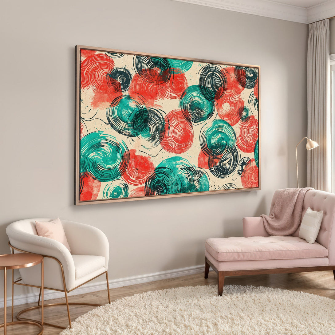 Framed Wall Art: Abstract swirl design in red, teal, and black. Modern art canvas print adds a pop of color to any living room.