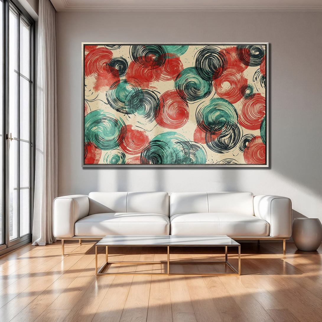 Framed Wall Art featuring abstract spiral design in red, teal, and black. Modern art canvas print adds a pop of color to any interior.