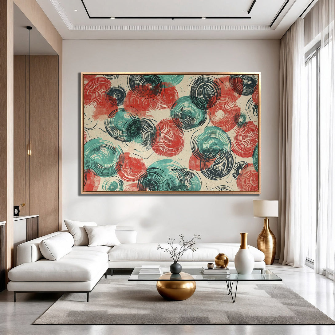 Framed Wall Art: Abstract swirl design in red, teal, and black. Modern art piece adds a pop of color to any room. Shop Canvas Prints now!