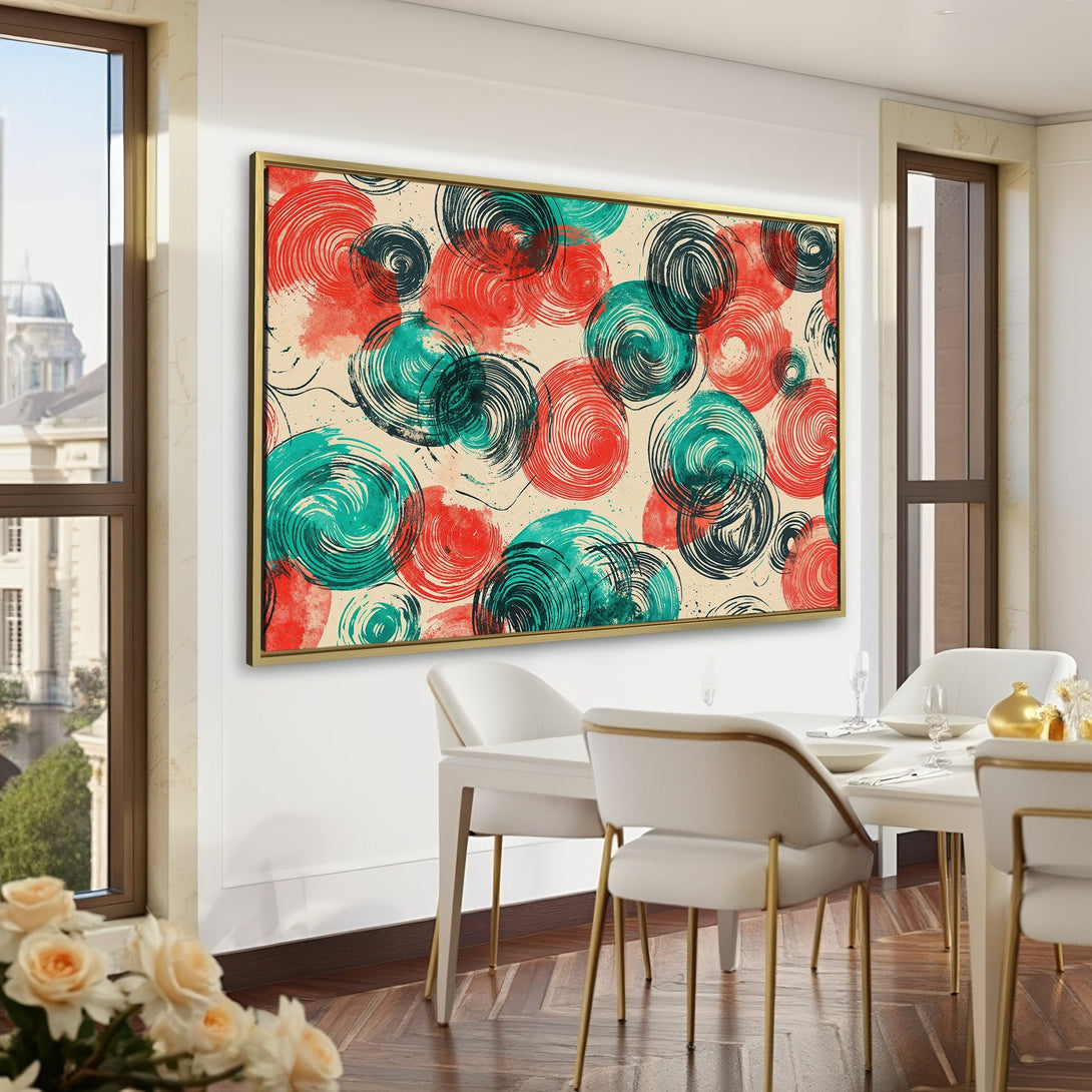 Abstract Canvas Print with red, teal, and black swirls. Modern wall art for a stylish interior. Shop now!