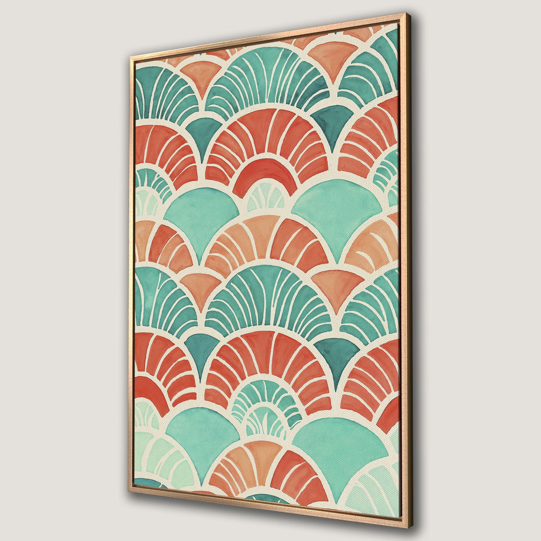 Framed Wall Art featuring a watercolor fan pattern in teal, coral, and orange. Add a pop of color and style to your space with this beautiful Canvas Print!