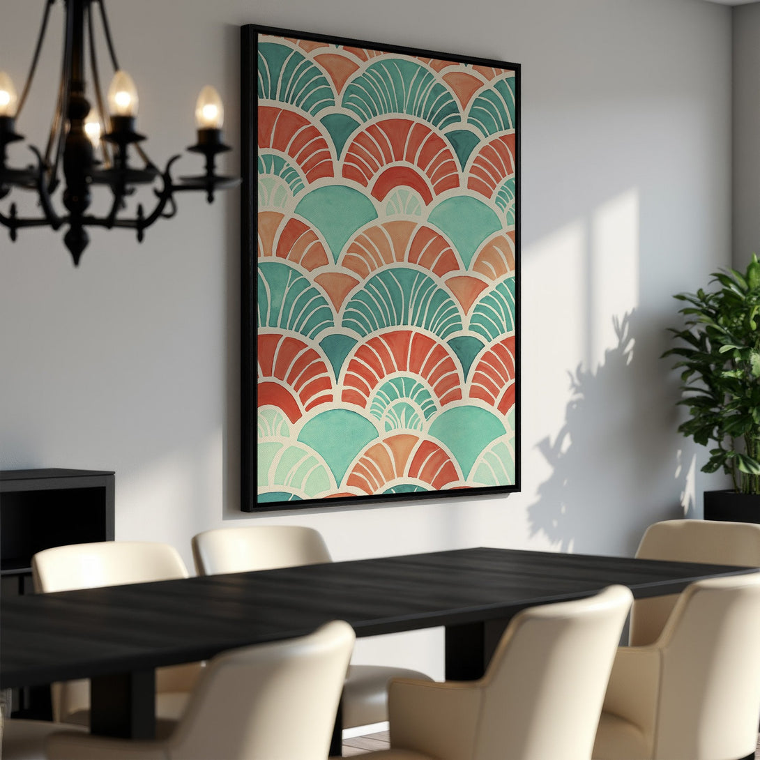 Framed Wall Art featuring a vibrant, abstract fan pattern in teal, coral, and peach tones. Perfect for adding a pop of color to any room.