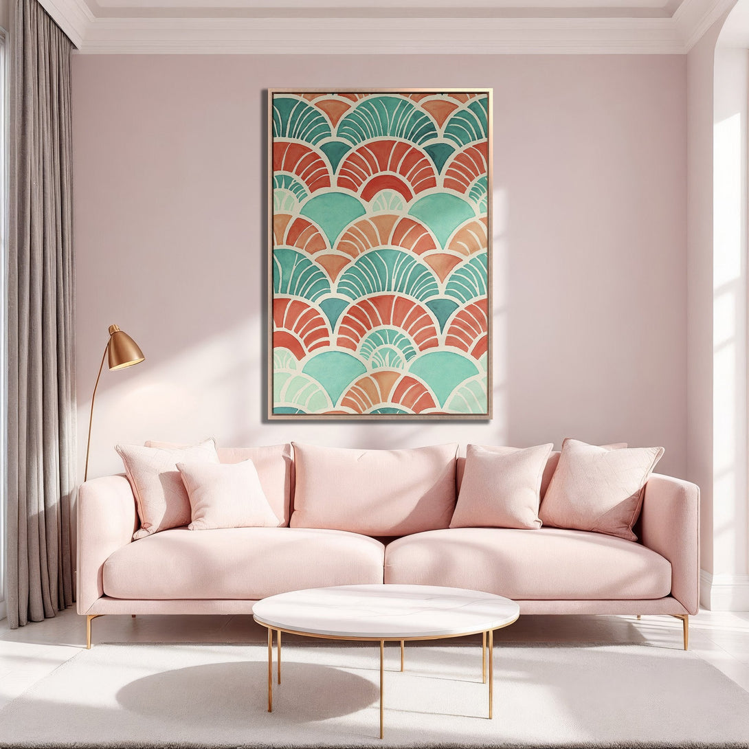 Framed Wall Art featuring a colorful geometric pattern in a living room. The Canvas Print showcases a retro-inspired design with a peach and teal color palette.