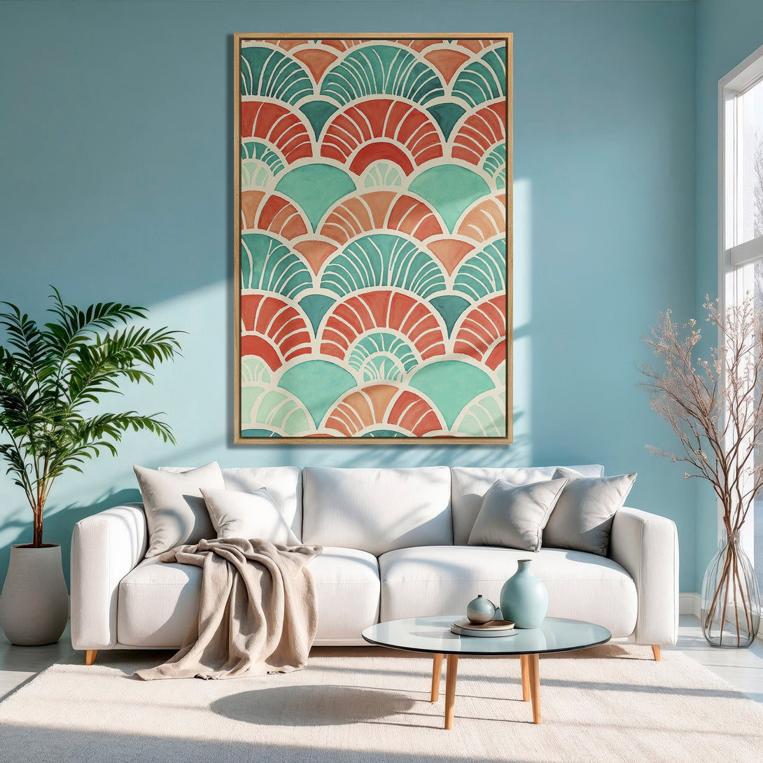 Framed Wall Art featuring a vibrant geometric pattern in teal, coral, and peach tones. Modern art print perfect for adding color to any interior space.