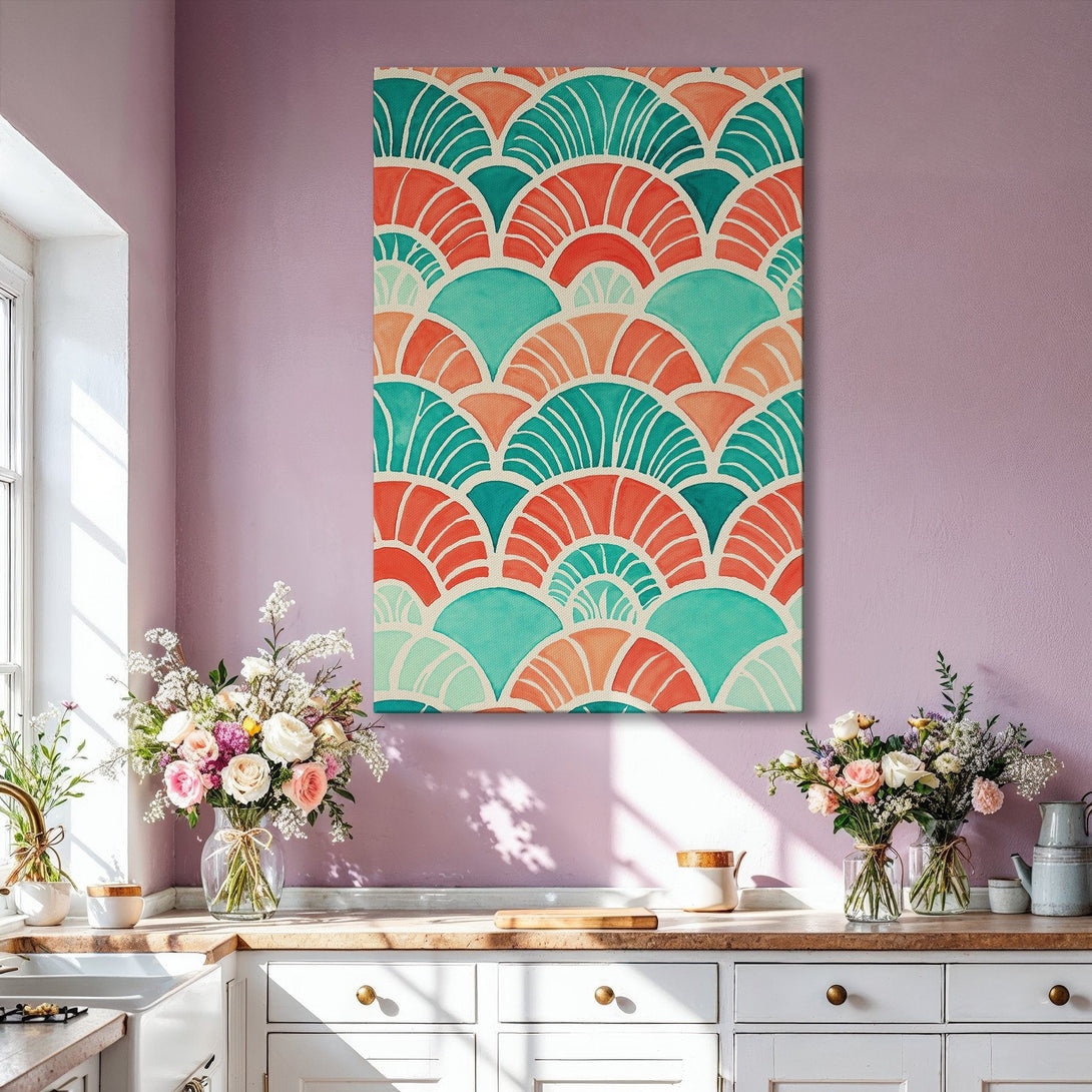 Framed Wall Art: Abstract fan pattern in coral, teal, and peach. Modern art print adds a pop of color to any living room. Shop our canvas prints today!
