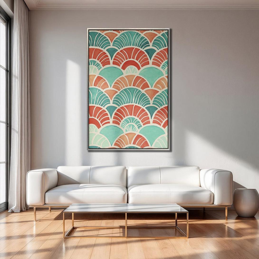 Framed Wall Art: Abstract fan pattern in teal, coral, and beige. Modern canvas print adds a pop of color to a living room.