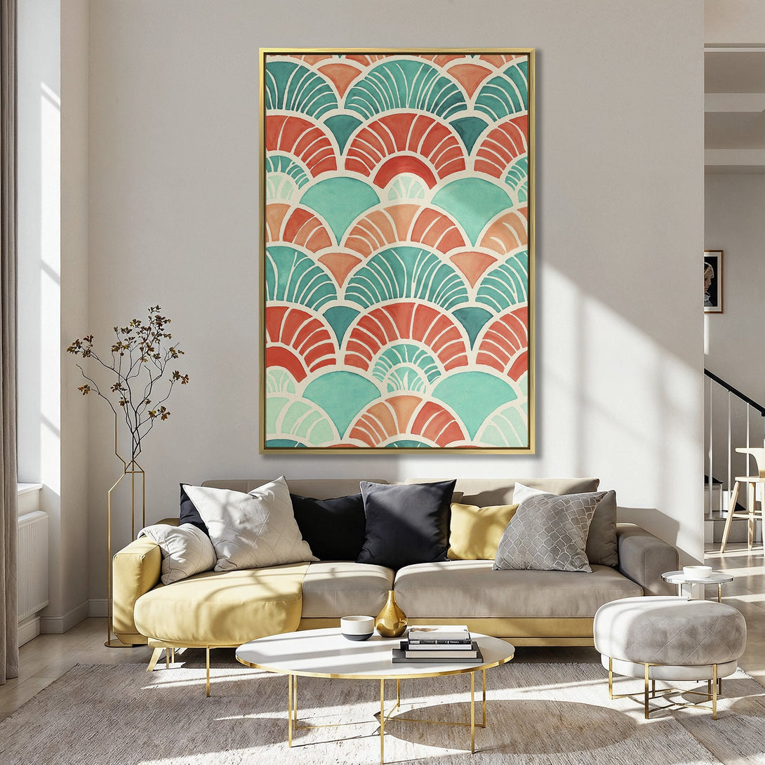 Canvas Print featuring a vibrant, abstract fan pattern in teal, coral, and peach tones. Modern wall art perfect for adding a pop of color.