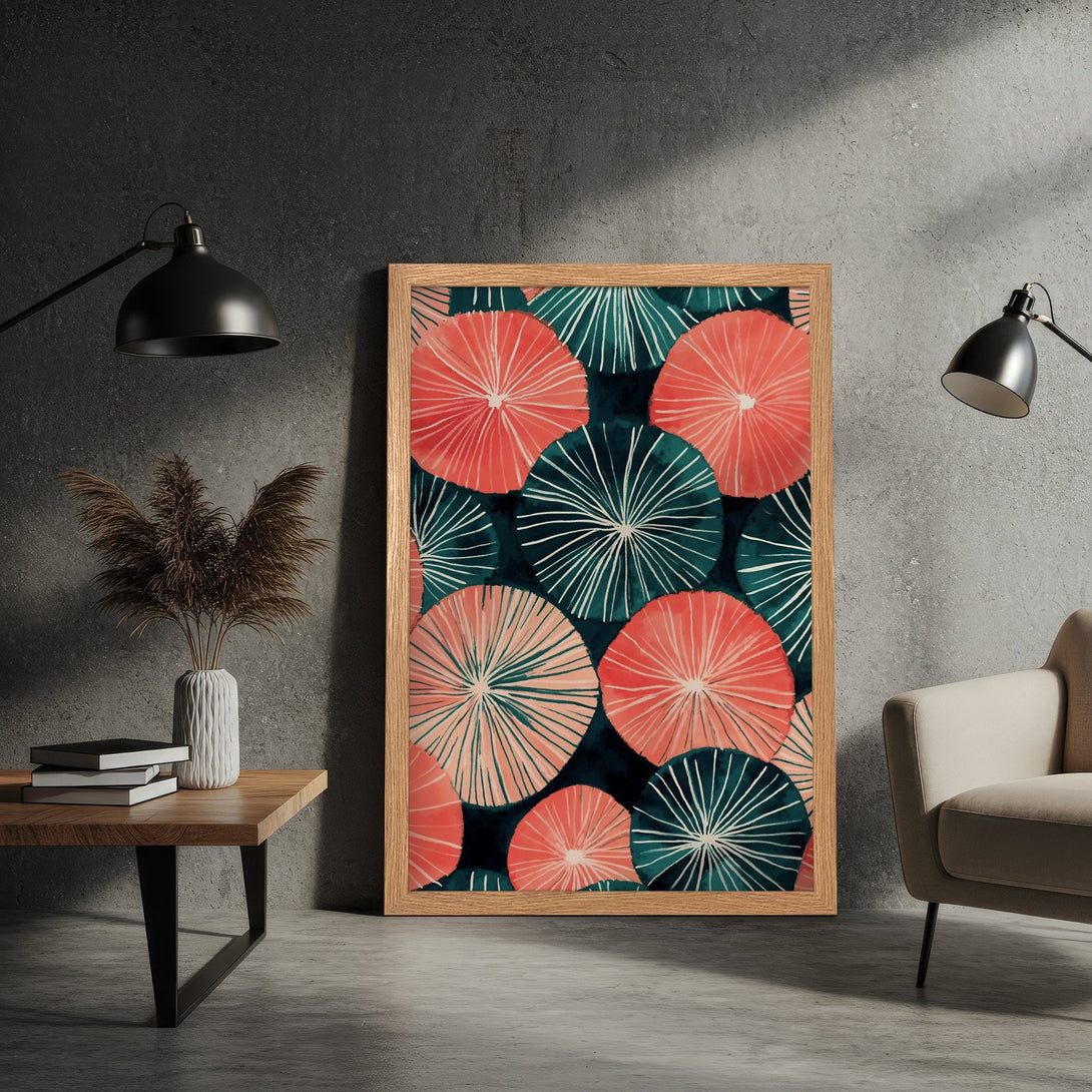 Framed Poster featuring abstract floral design in coral, teal, and white on a dark background. Modern art style, perfect for home decor.