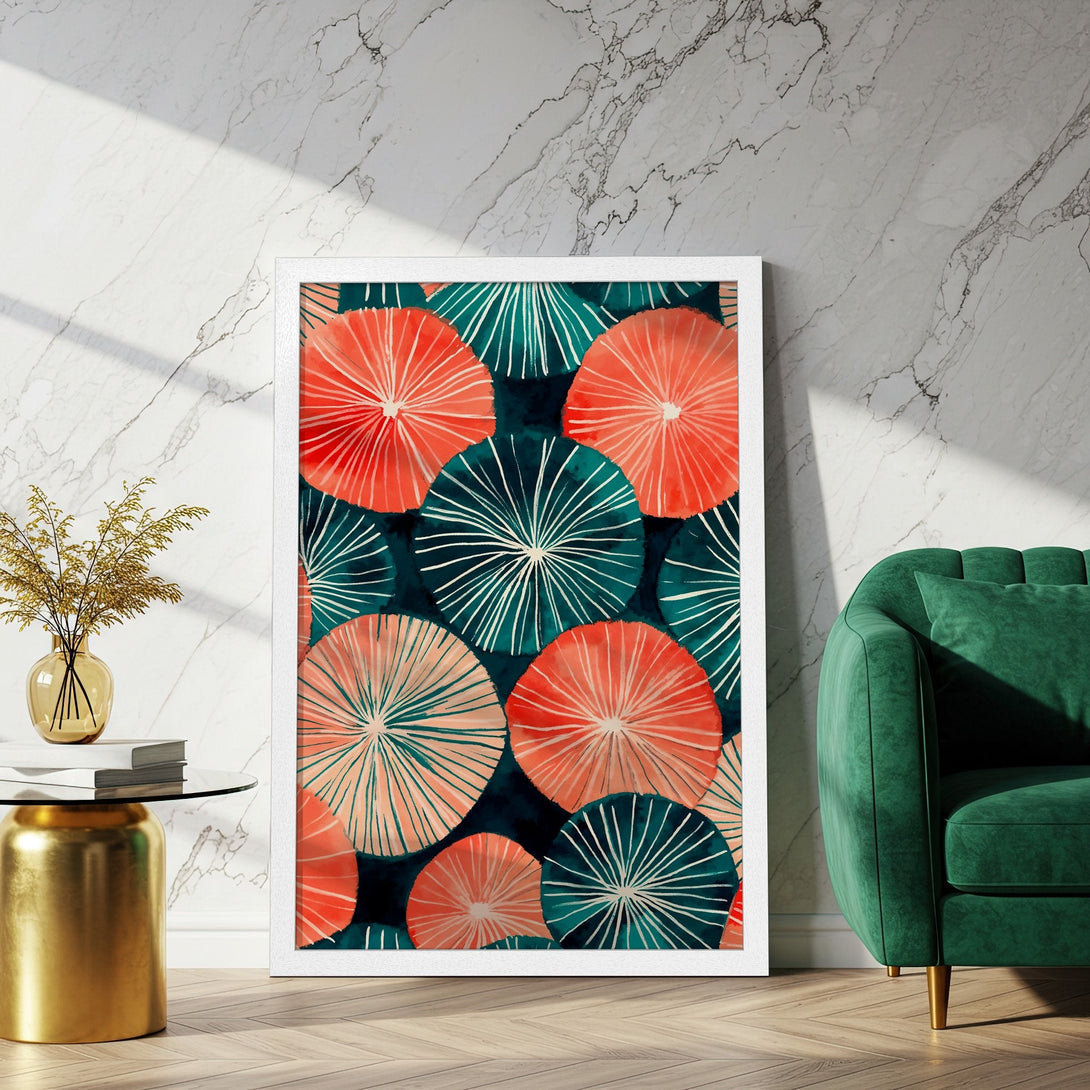 Framed Poster featuring abstract floral design in teal, coral, and white. Modern art print for home decor.